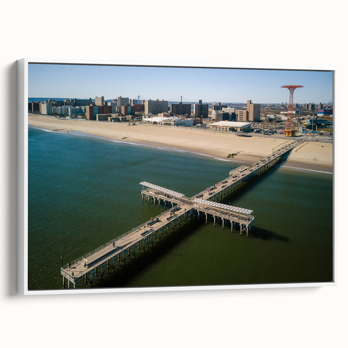 Vintage poster art of Coney Island with colorful imagery on a framed canvas, ideal for extra large living room wall decor.