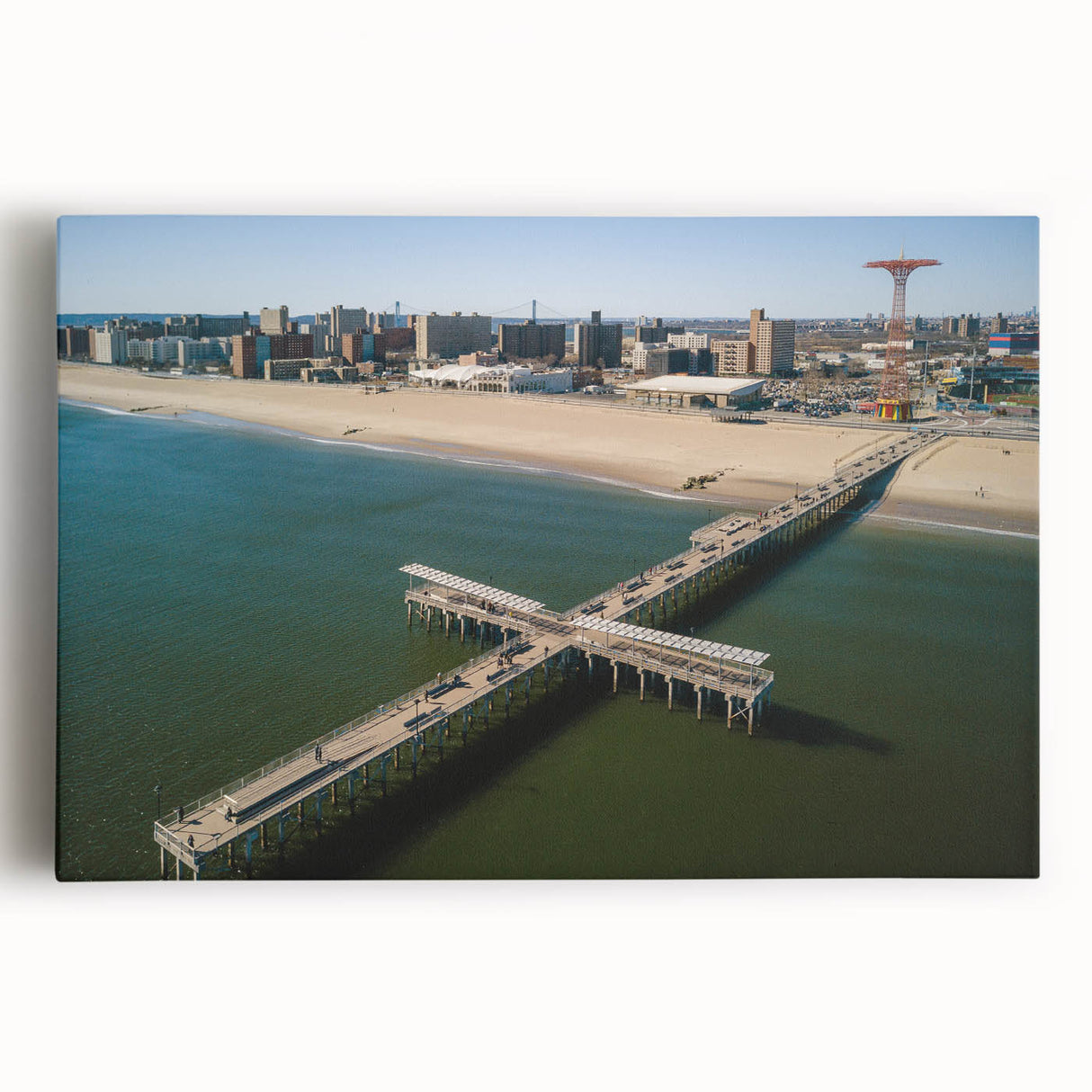 Black and white photo of Coney Island on stretched canvas, ideal for kitchen wall art or bedroom.