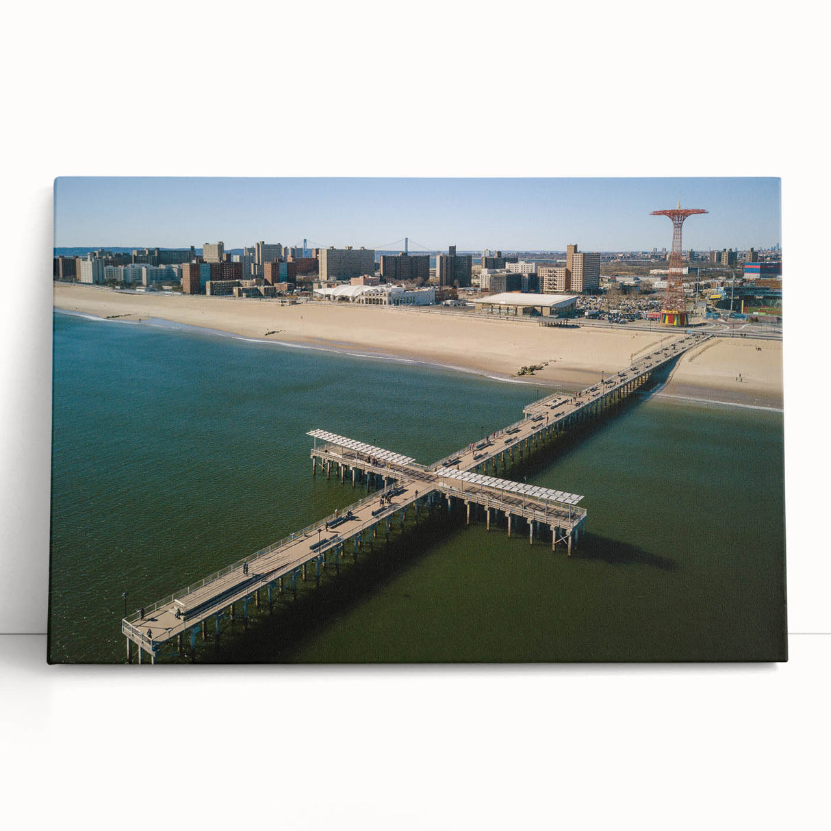 Black and white landscape art painting of Coney Island on stretched canvas, suitable for bedroom wall art.