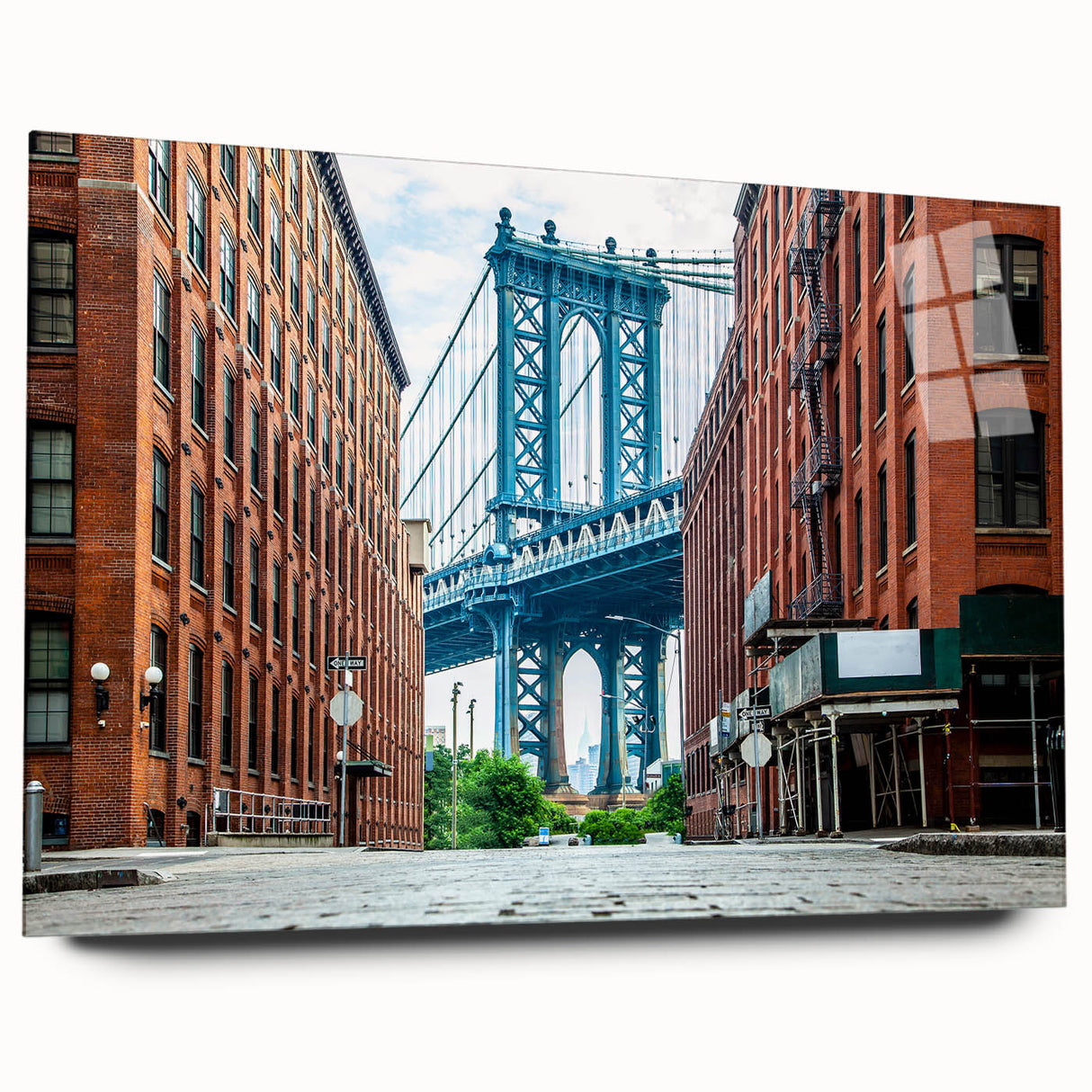 Large abstract wall art of Long Island scenery in muted blue and green tones on acrylic glass.