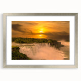 Textured art print of Niagara Falls in abstract style, featuring muted blue and gray tones on a silver framed canvas.