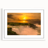 Abstract art print of Niagara Falls in muted blue and gray tones, framed with a white mat.