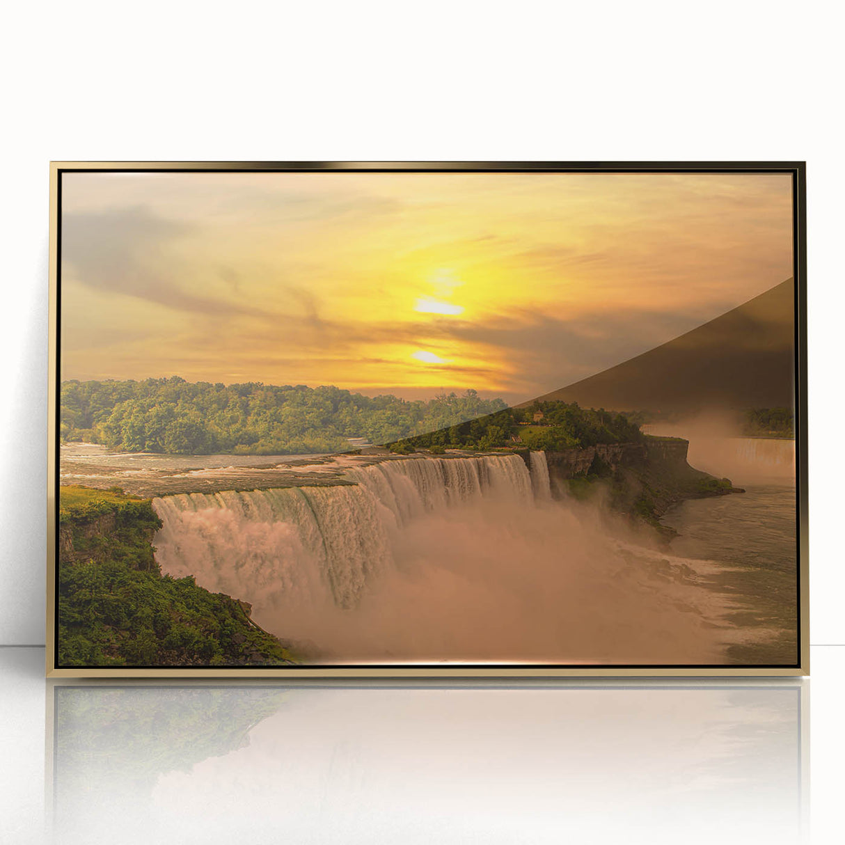Acrylic print of Niagara Falls in mid-century modernist style with muted blue and gray tones.