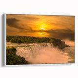 Vintage poster art of Niagara Falls in vibrant colors on a framed canvas, ideal for living room decor.