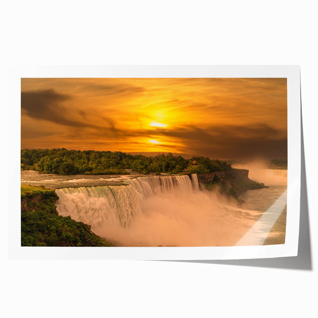 Niagara Falls landscape on a rolled canvas print featuring vibrant blue and green tones, suitable for dining room wall art.