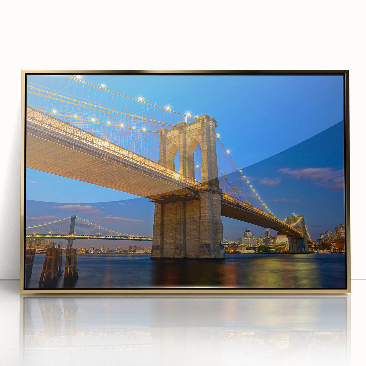 Acrylic print of the Brooklyn Bridge in muted gold tones, framed, ideal for modern art wall decor.
