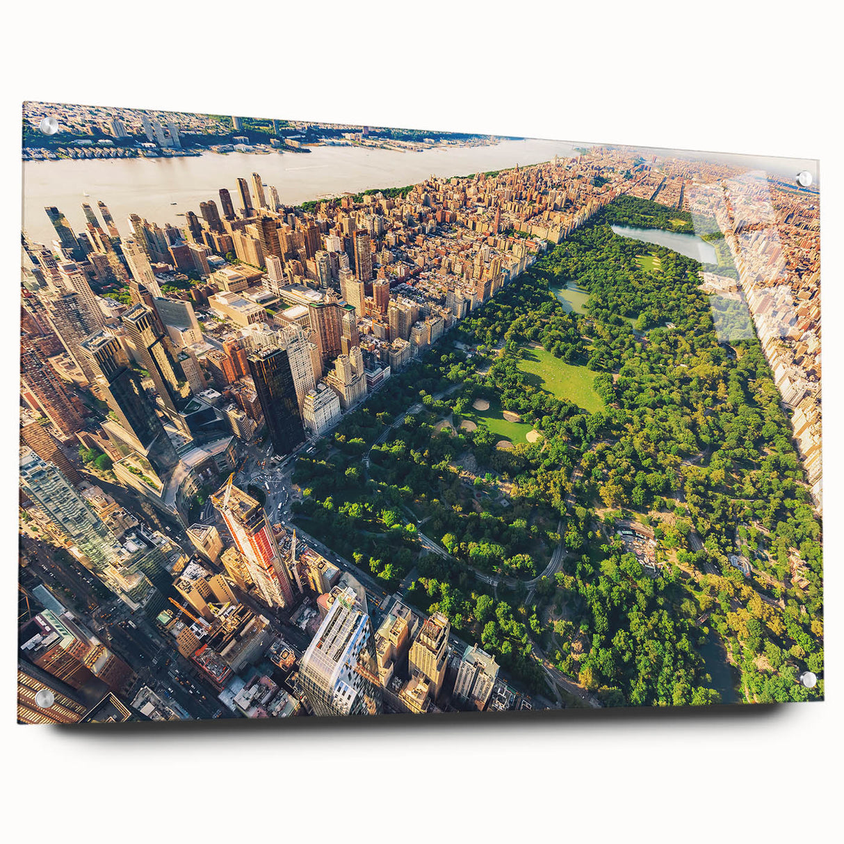 Acrylic print of Central Park with vibrant green and blue tones, suitable for bedroom or dining room decor.