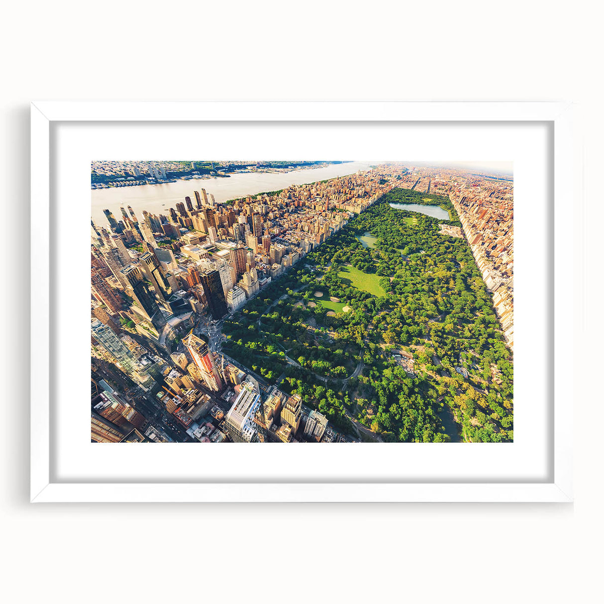 Abstract art print of Central Park in muted green and brown tones, framed in white.
