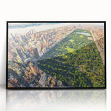 Large abstract wall art of Central Park in muted green and brown tones, framed in black acrylic.