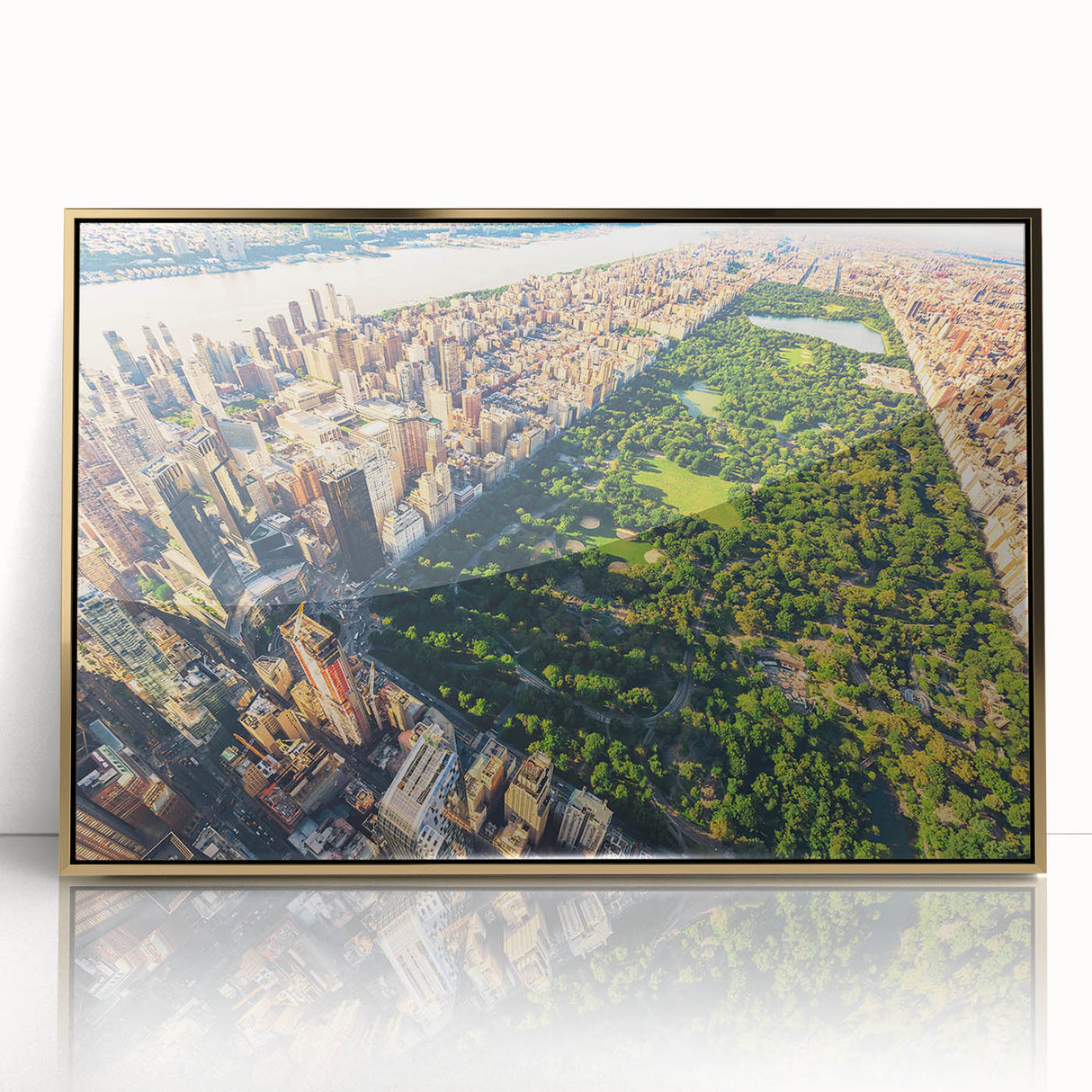 Framed acrylic print of Central Park in muted greens and browns, ideal for modern art wall decor.