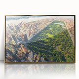 Framed acrylic print of Central Park in muted greens and browns, ideal for modern art wall decor.