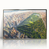 Mid-century modernist art depicting Central Park in muted green and beige tones, framed in silver acrylic.