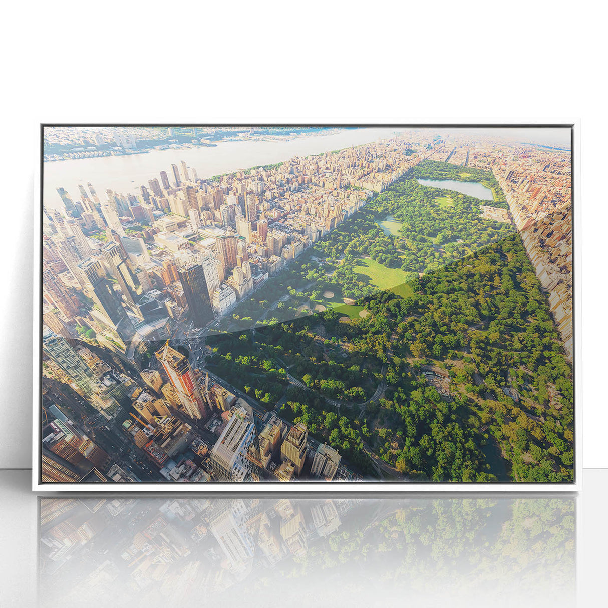 Acrylic print of Central Park with muted green and brown tones in an art deco style, ideal for modern art wall decor.