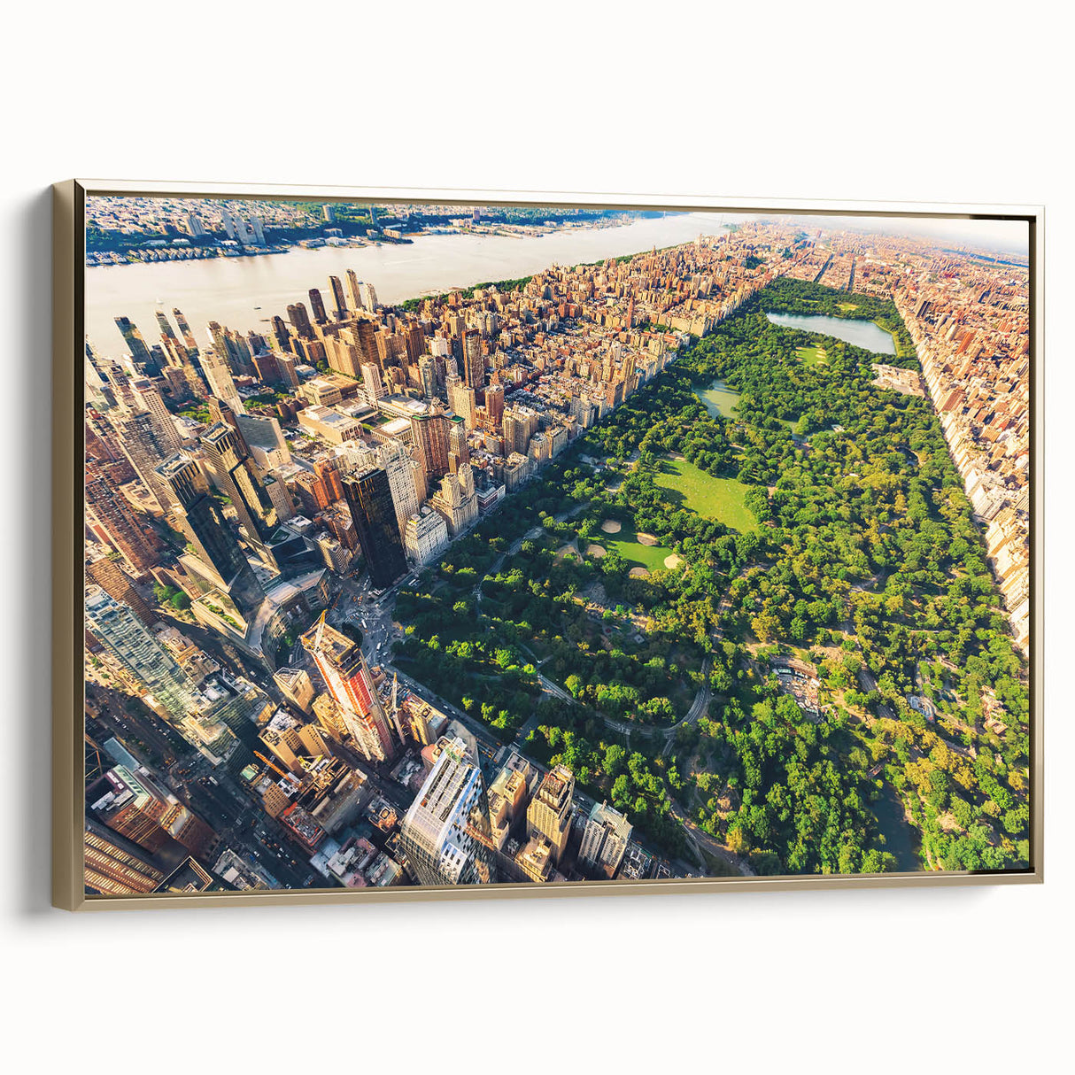 Framed canvas depicting a vintage-style landscape painting of Central Park with muted green and black tones.