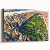 Framed canvas depicting a vintage-style landscape painting of Central Park with muted green and black tones.