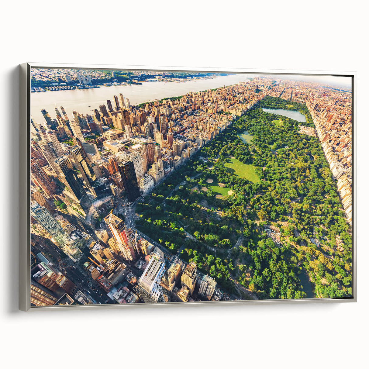 Framed canvas depicting a vintage-style landscape of Central Park with vibrant autumn colors, ideal for living room decor.