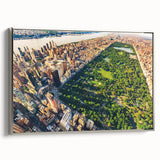 Framed canvas depicting a vintage-style landscape of Central Park with vibrant autumn colors, ideal for living room decor.