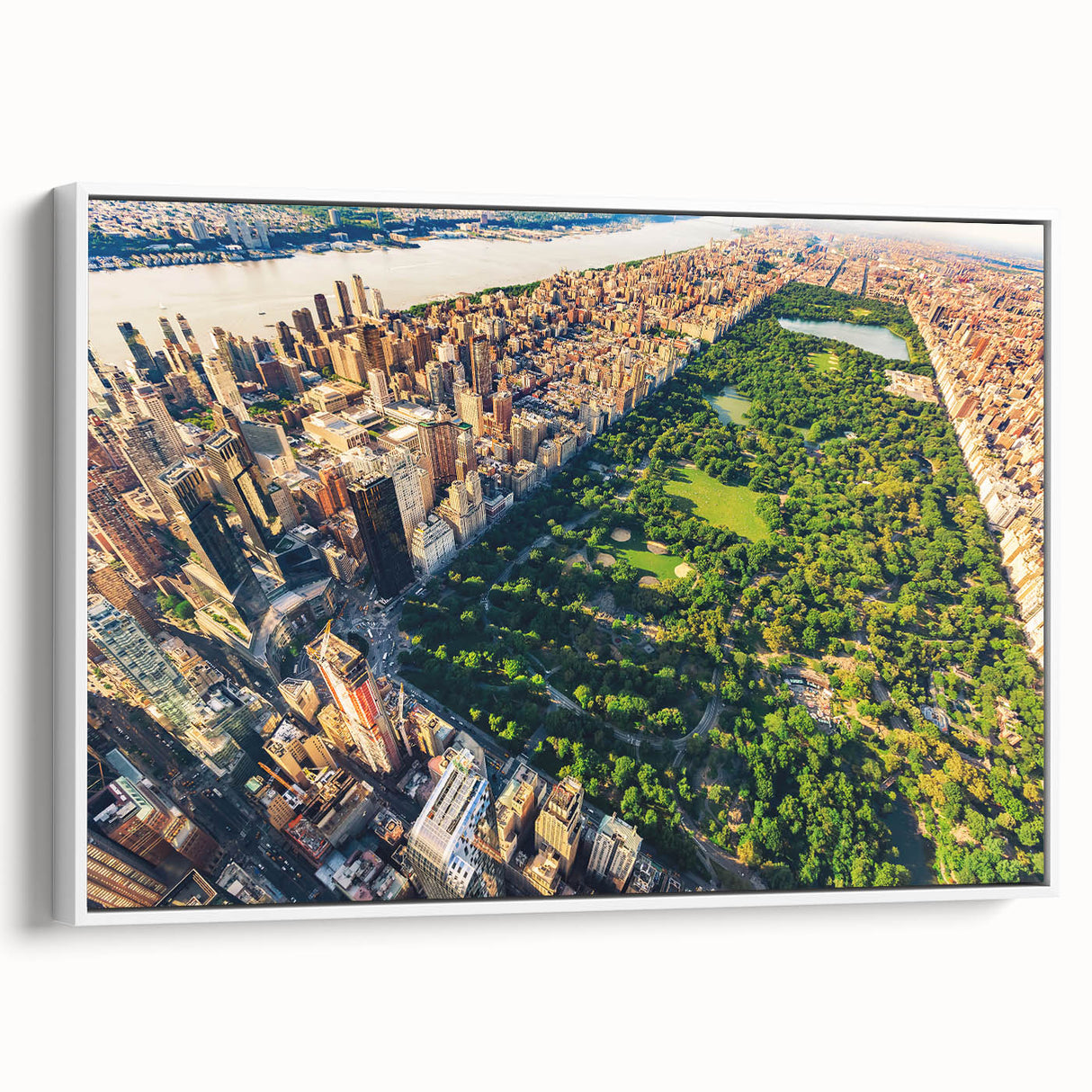 Vintage poster art of Central Park with colorful details on a large framed canvas, ideal for living room decor.