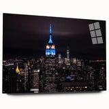 Acrylic print of the New York City skyline with muted gray and blue tones, ideal for bedroom or dining room art.