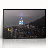 Large abstract wall art of NYC's Empire State Building in black and white, framed acrylic.