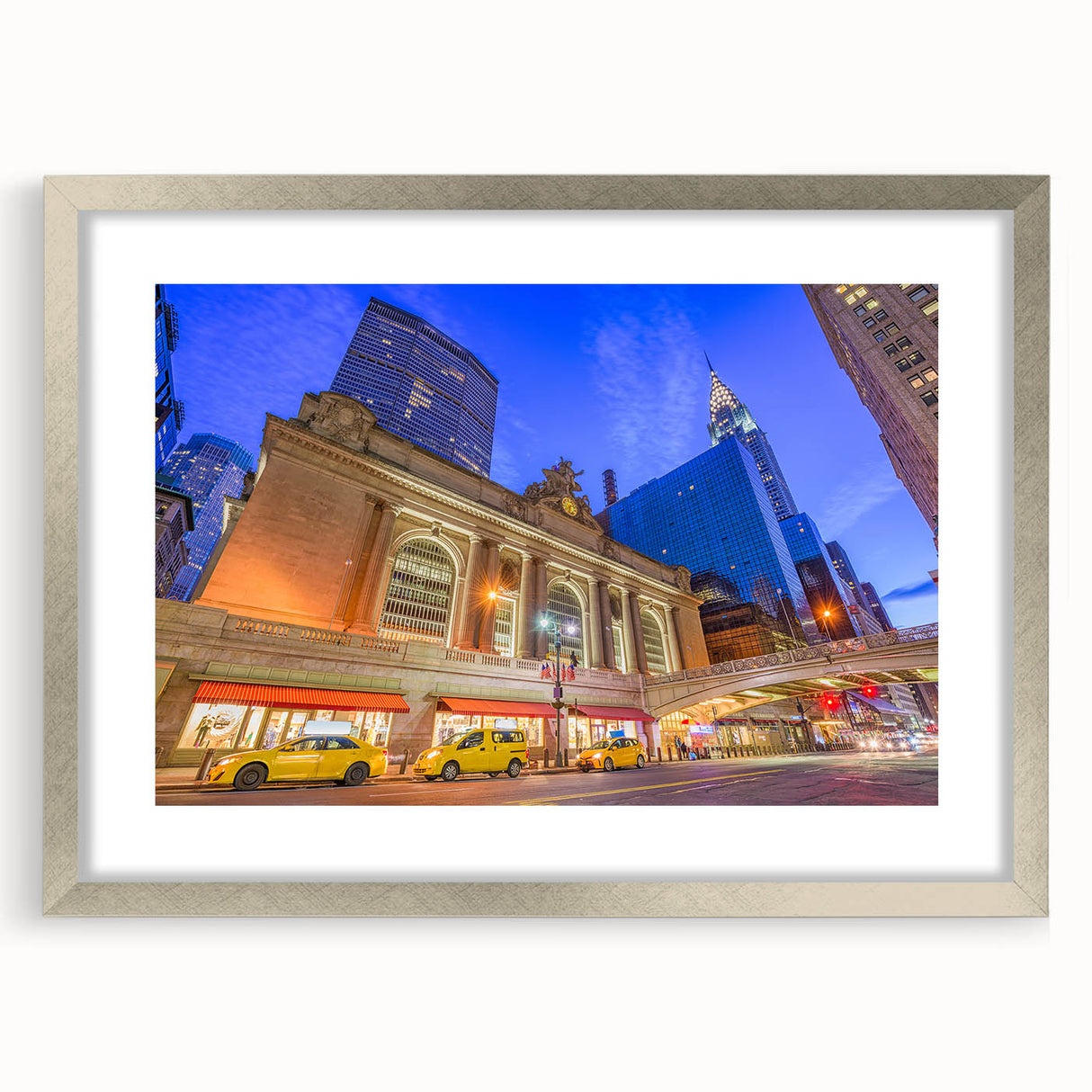 Textured art print of abstract New York City skyline in muted gray tones on a silver-framed canvas.