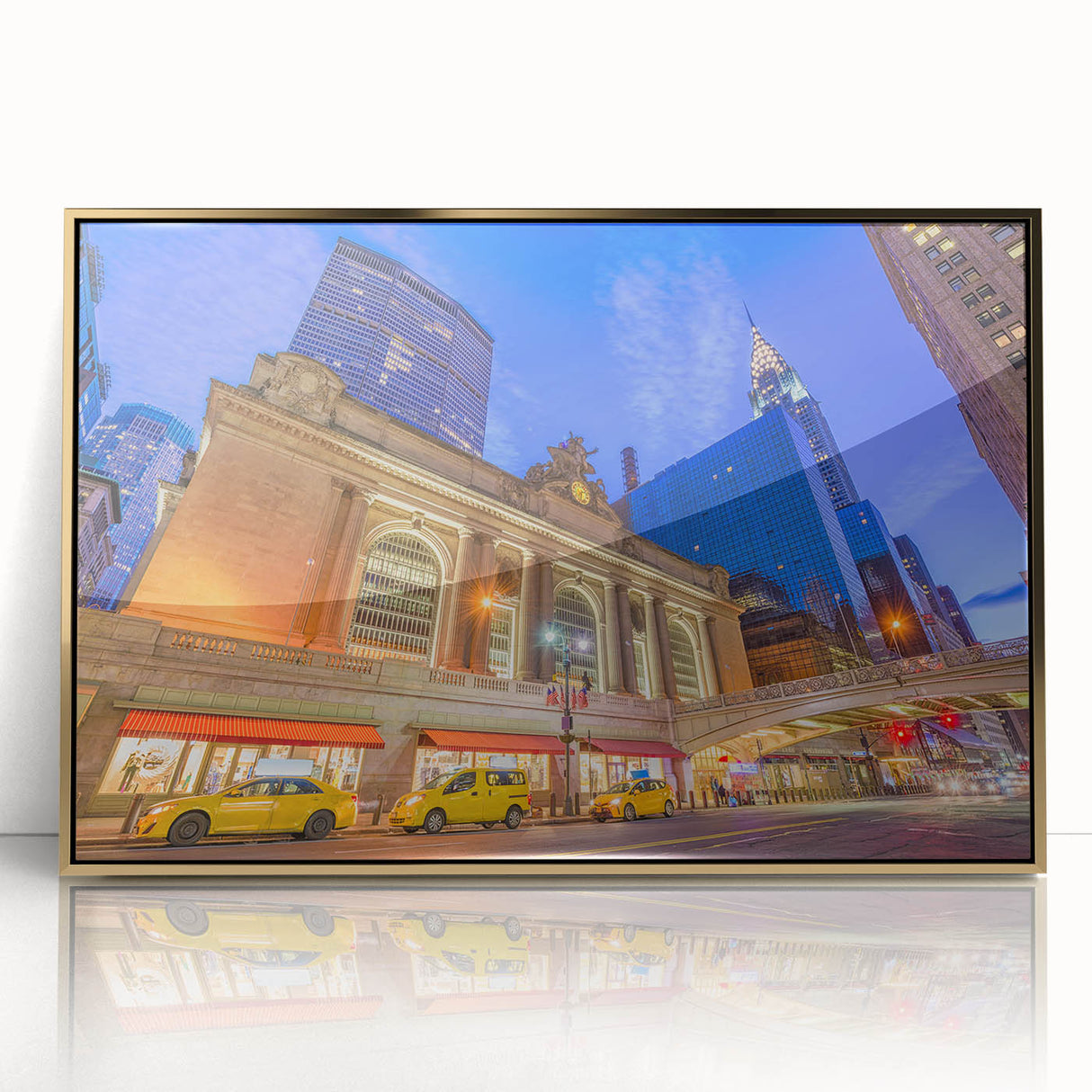 Large acrylic print of New York City's Grand Central Station in mid-century modernist style with gold frame.