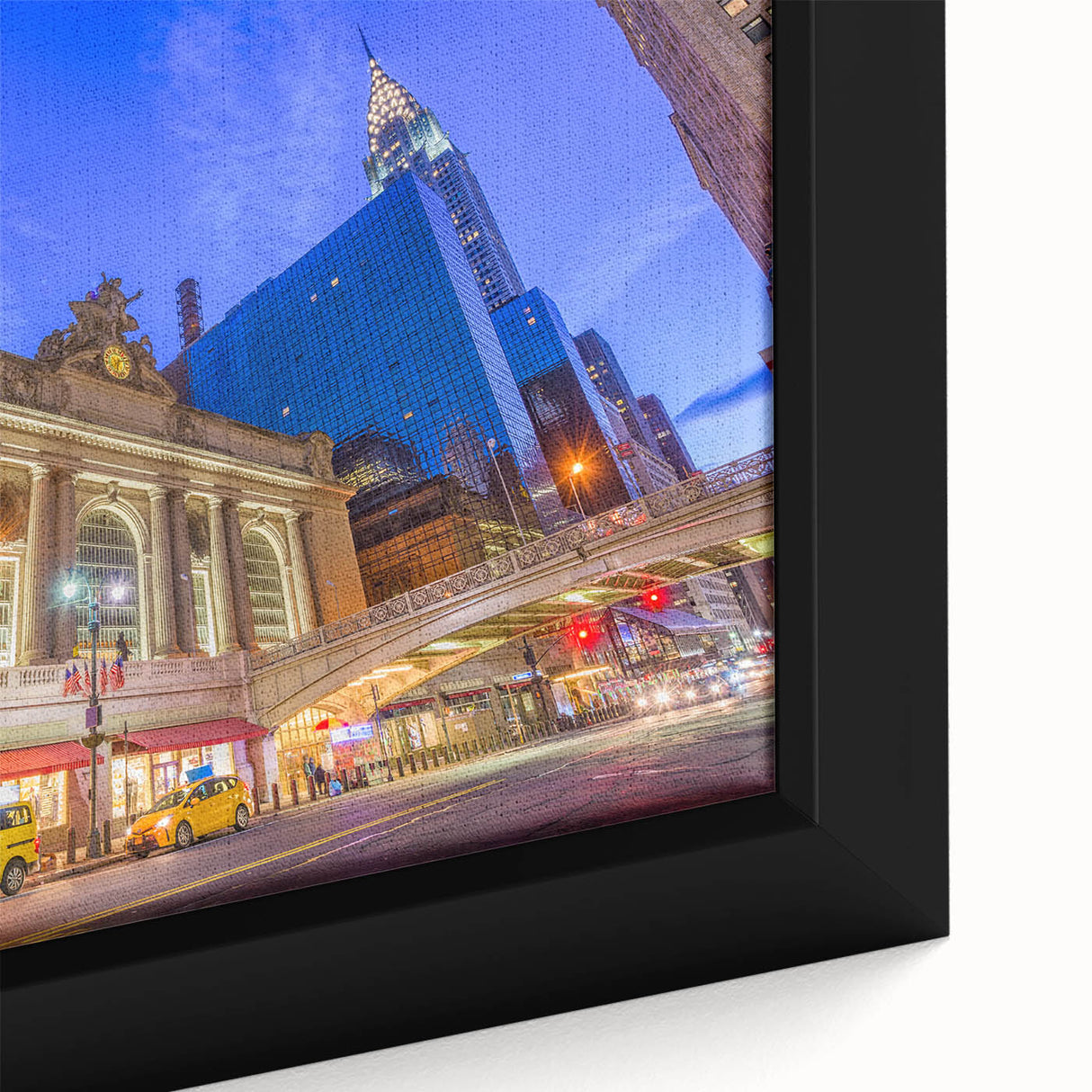 Extra large framed canvas of a textured, colorful art depiction of Grand Central Station in black tones.