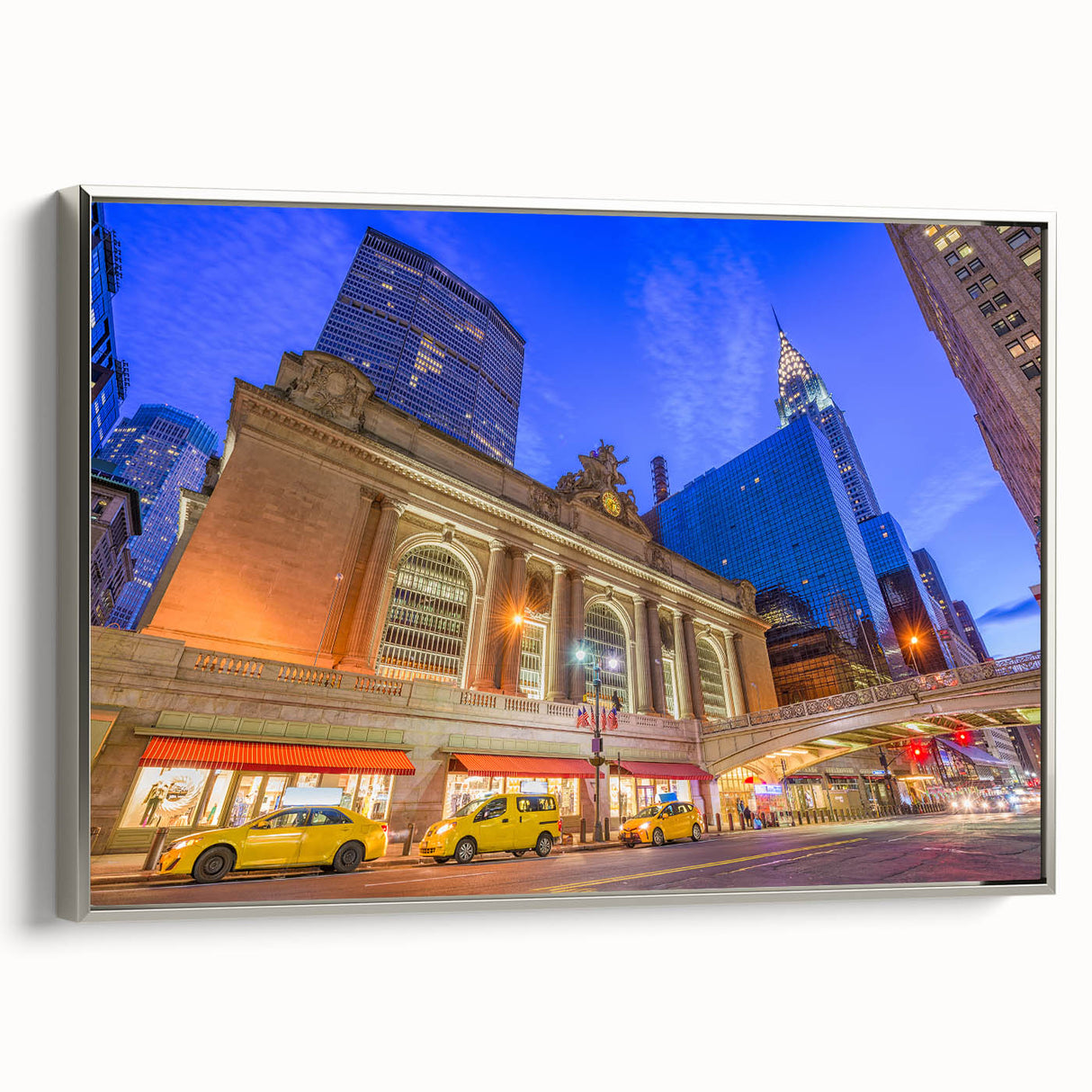 Framed canvas of a vintage-style New York City Grand Central landscape in black with colorful accents.