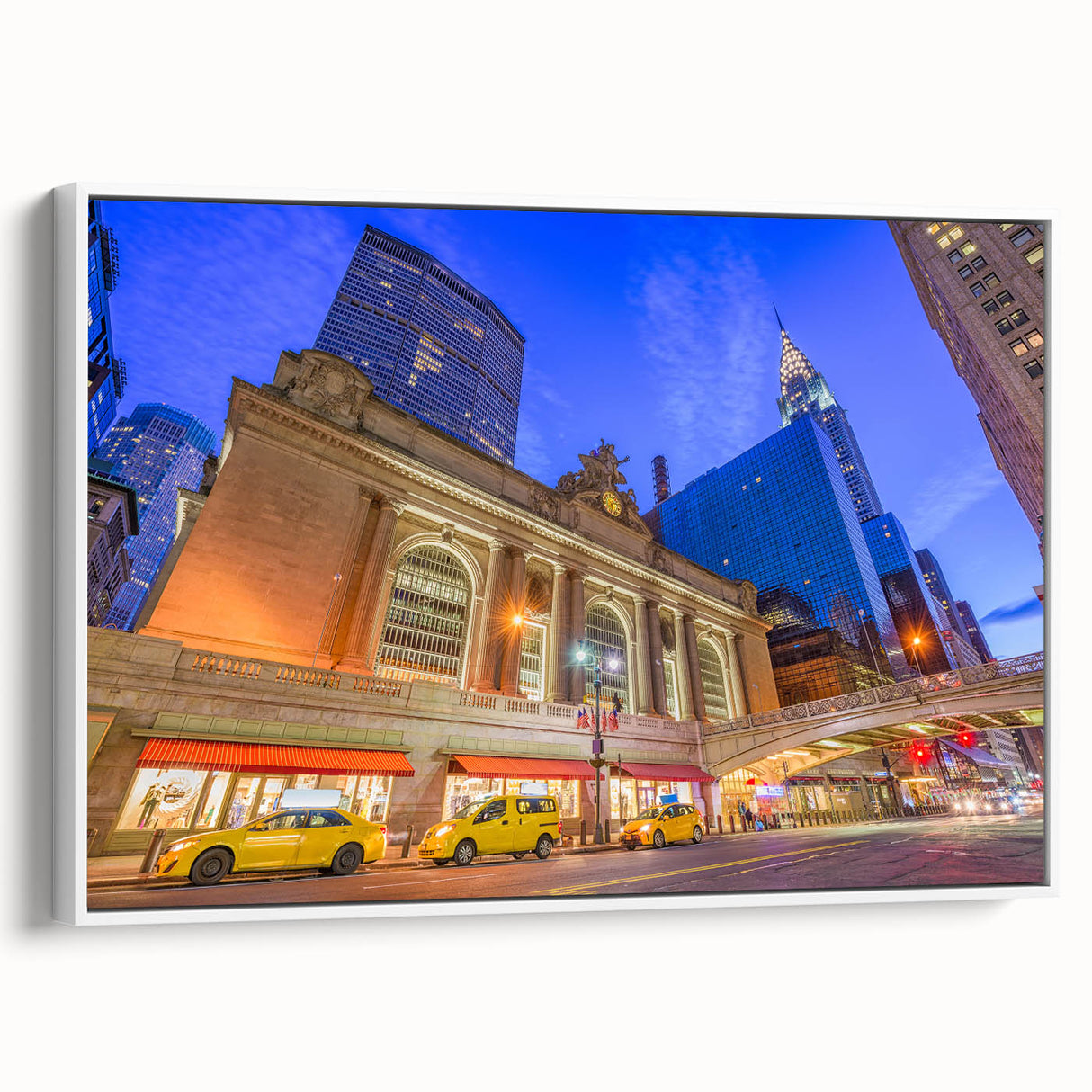 Vintage poster art of NYC Grand Central in black and colorful tones on a framed canvas, ideal for living room decor.