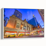 Vintage poster art of NYC Grand Central in black and colorful tones on a framed canvas, ideal for living room decor.