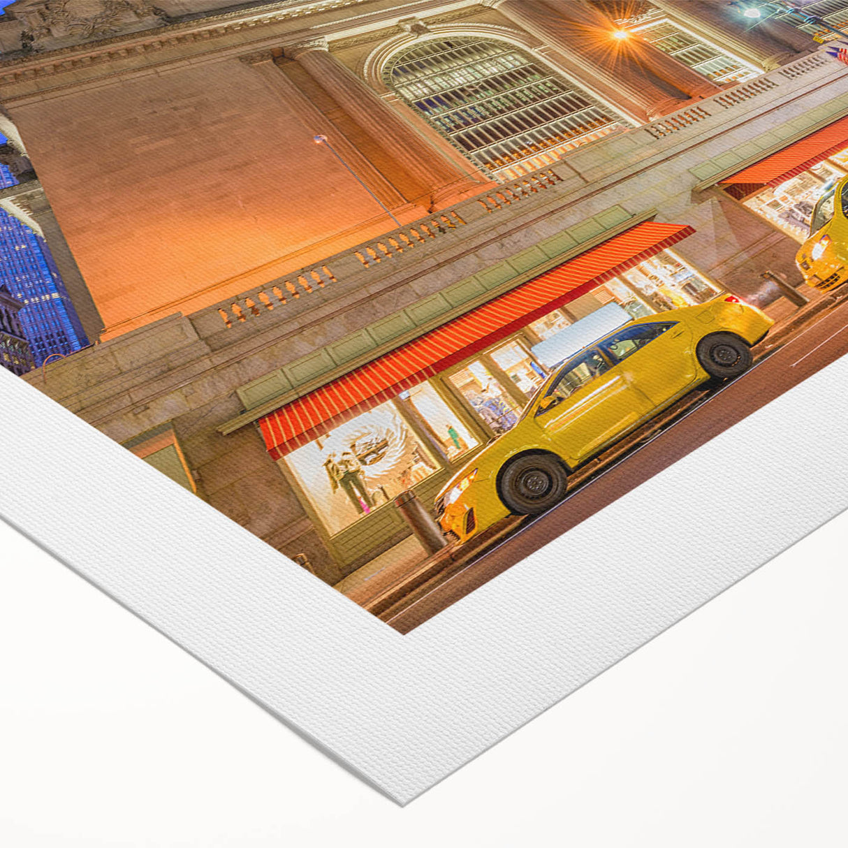Art deco poster of NYC Grand Central in muted gold and blue tones on rolled canvas, suitable for dining room wall art.