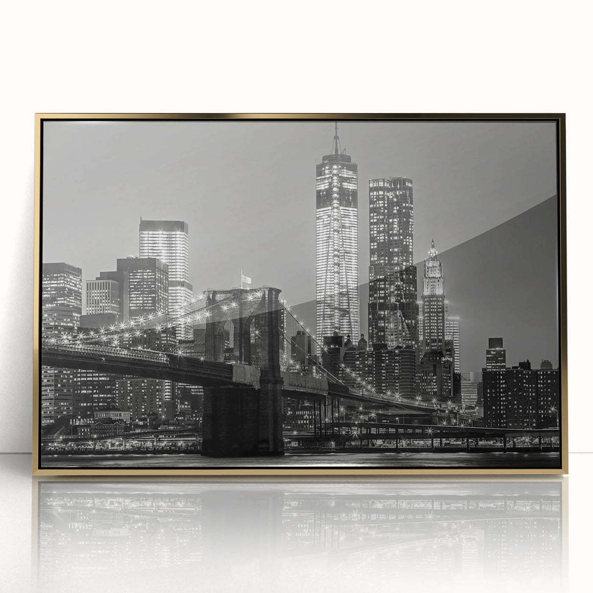 Acrylic print of Manhattan skyline in gold and black tones on a framed canvas, suitable for modern art wall decor.
