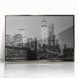 Mid-century modernist art depicting Manhattan skyline in muted silver tones on a framed acrylic print.