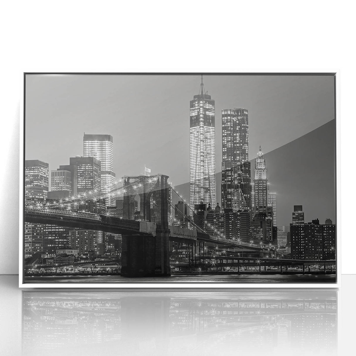 Art deco poster of Manhattan skyline in black and white tones on framed acrylic, suitable for modern art wall decor.