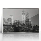 Art deco poster of Manhattan skyline in black and white tones on framed acrylic, suitable for modern art wall decor.