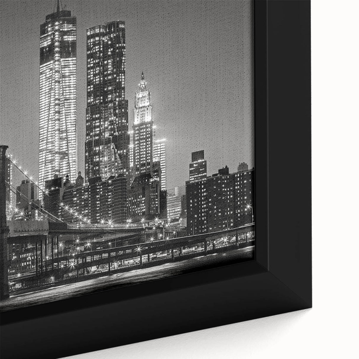 Extra large framed canvas of a textured Manhattan skyline in black with colorful accents, suitable for living room decor.