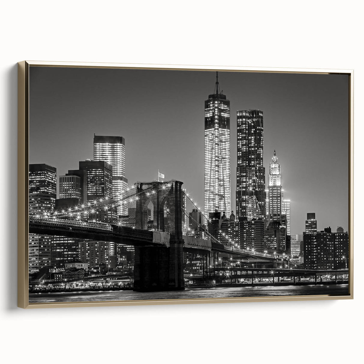 Framed canvas depicting a vintage-style Manhattan skyline in black and gold tones, ideal for bedroom wall art.