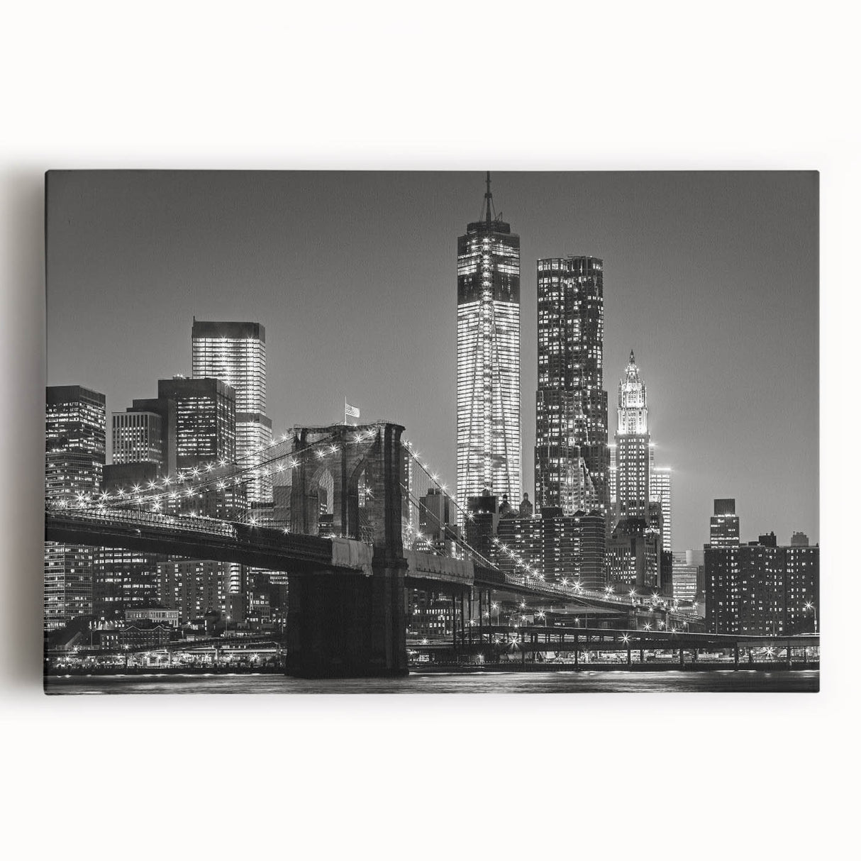 Black and white large art print of Manhattan skyline on stretched canvas, ideal for kitchen wall art.