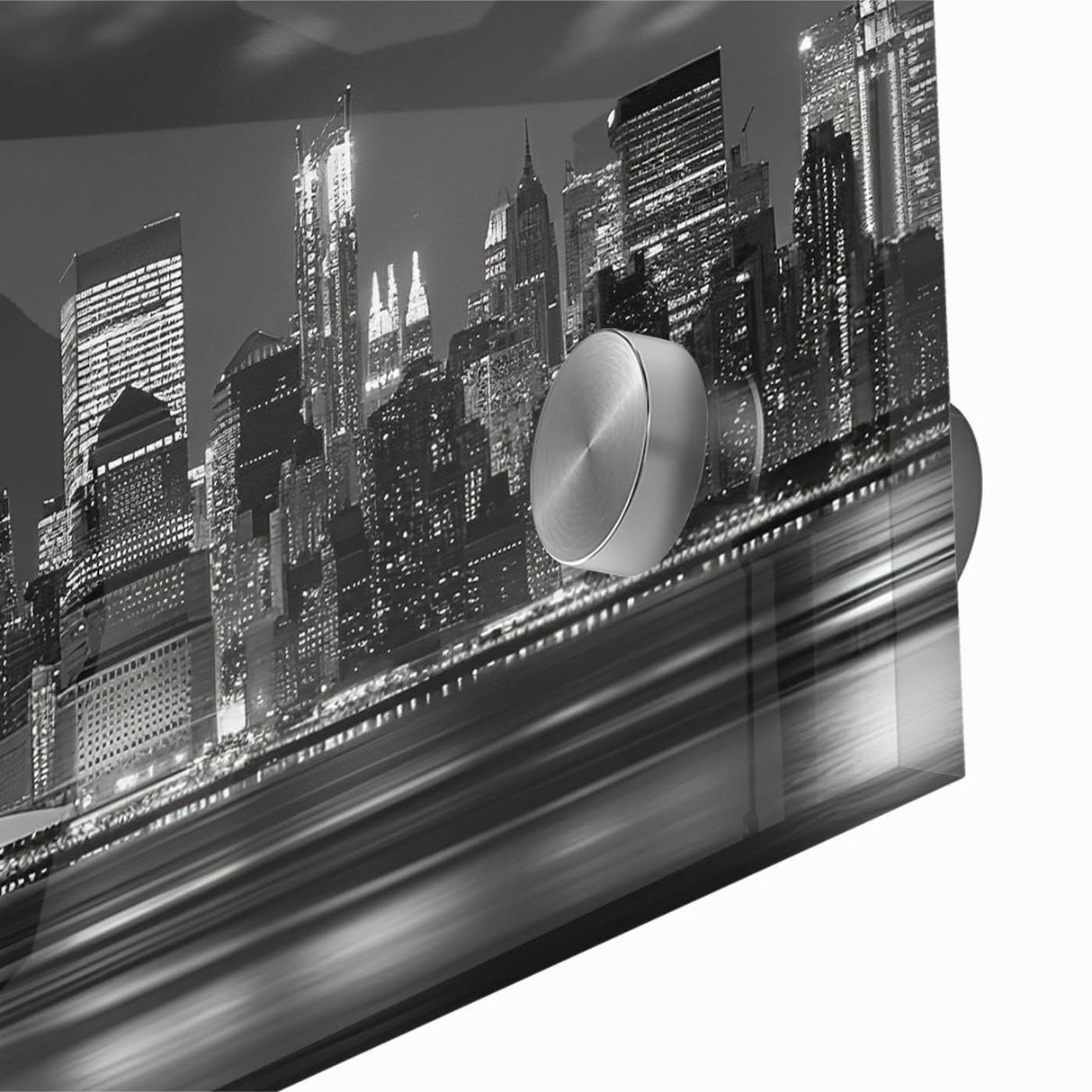 Large abstract wall art featuring New York City skyline in muted grays on acrylic glass, perfect for dining room ambiance.