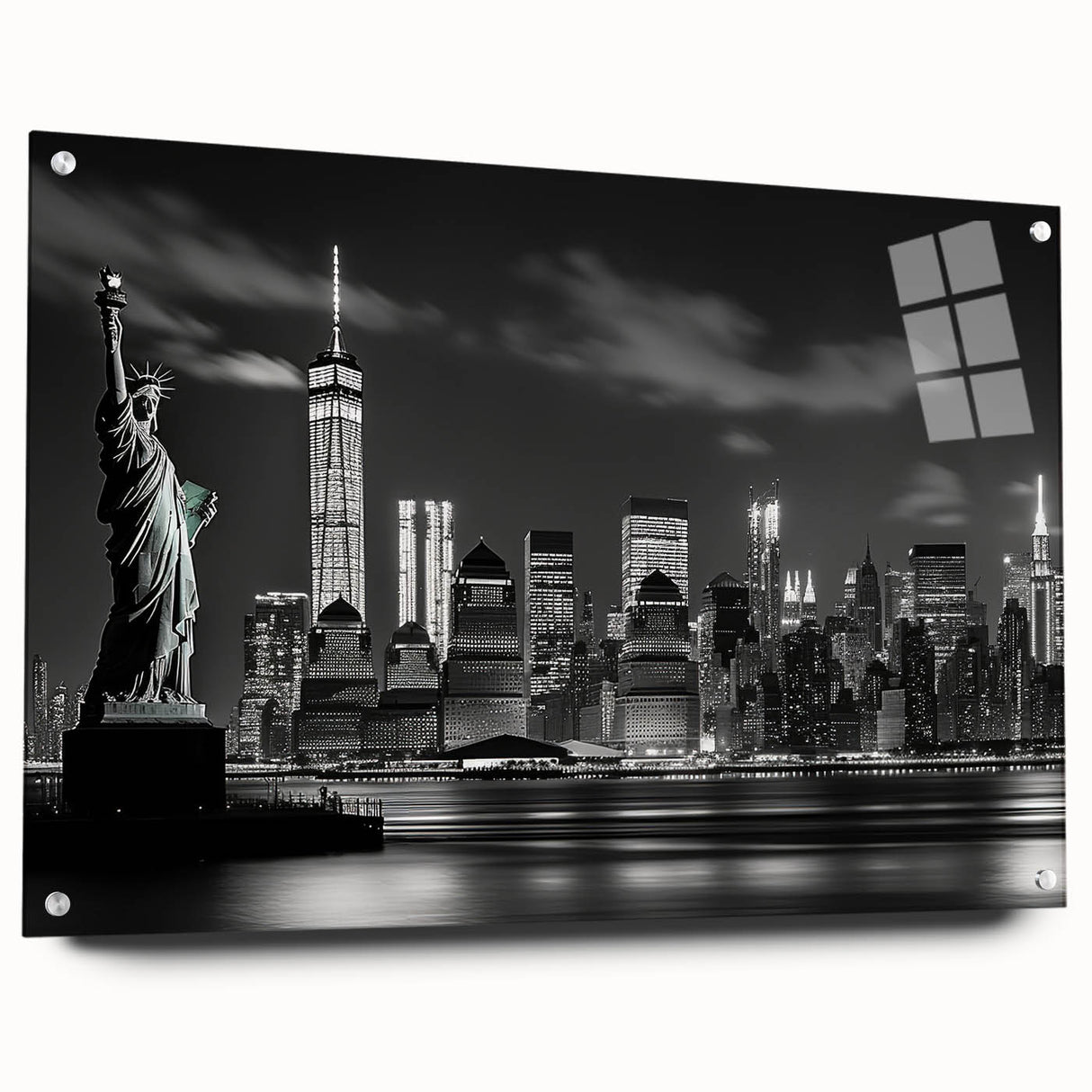Acrylic print of New York City skyline in muted gray tones, ideal for modern bedroom or dining room decor.