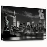 Acrylic print of New York City skyline in muted gray tones, ideal for modern bedroom or dining room decor.