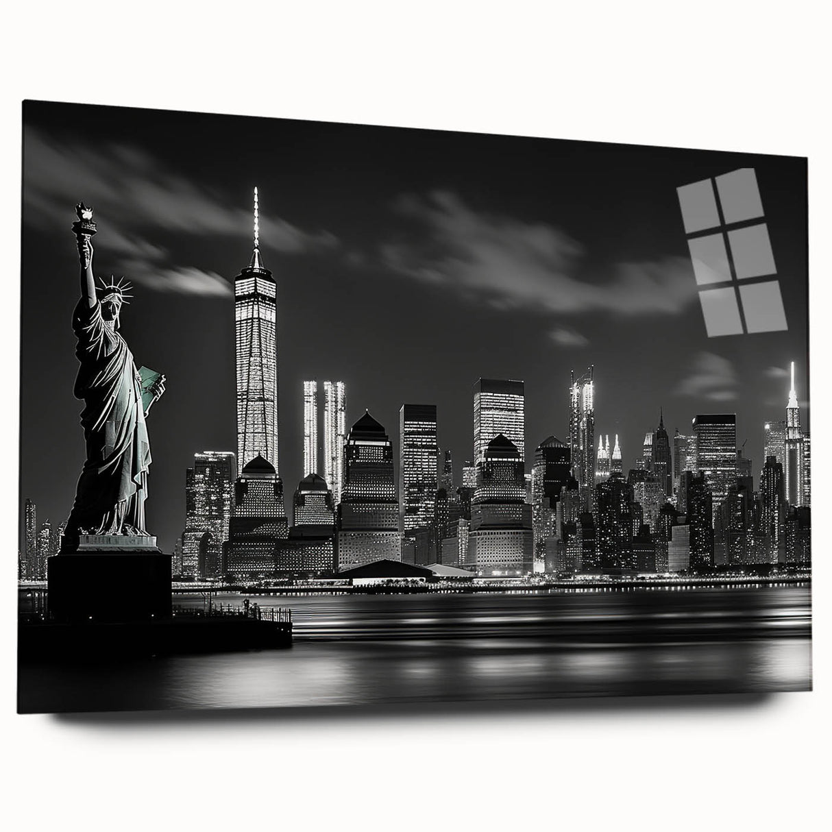 Acrylic print of New York City skyline in muted gray tones, ideal for bedroom or dining room art.
