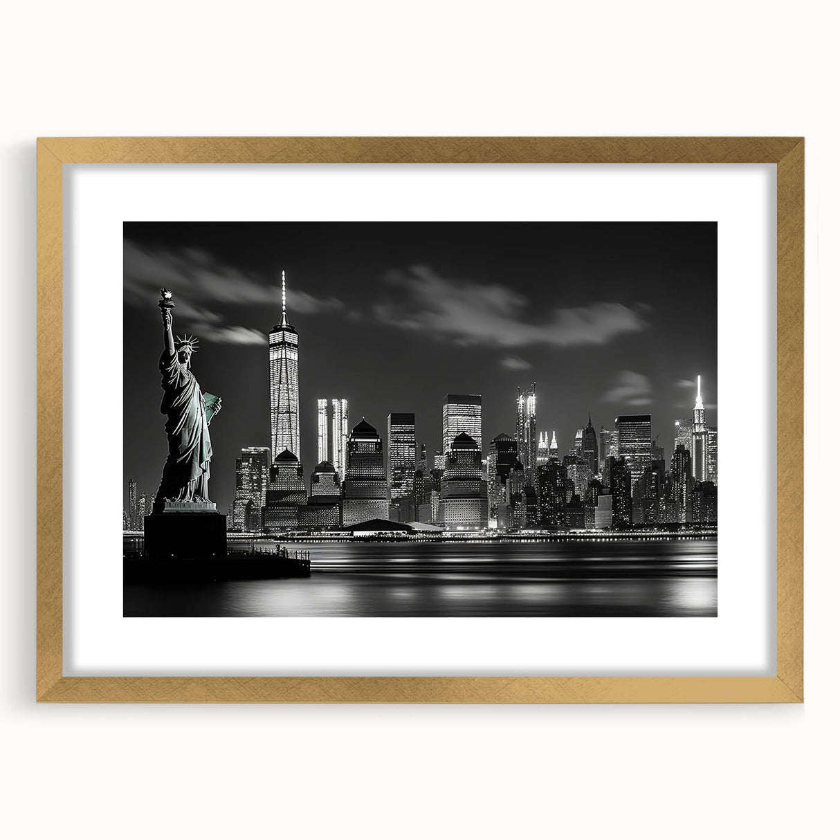 Extra large abstract art print of NYC skyline in textured gold frame, ideal for living room decor.
