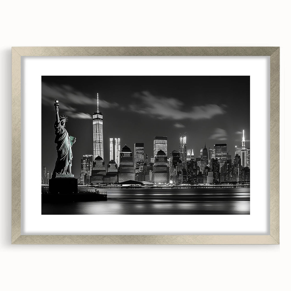 Textured abstract art print of New York City skyline in muted gray tones on a framed silver mat, suitable for bedroom art.