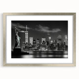 Textured abstract art print of New York City skyline in muted gray tones on a framed silver mat, suitable for bedroom art.