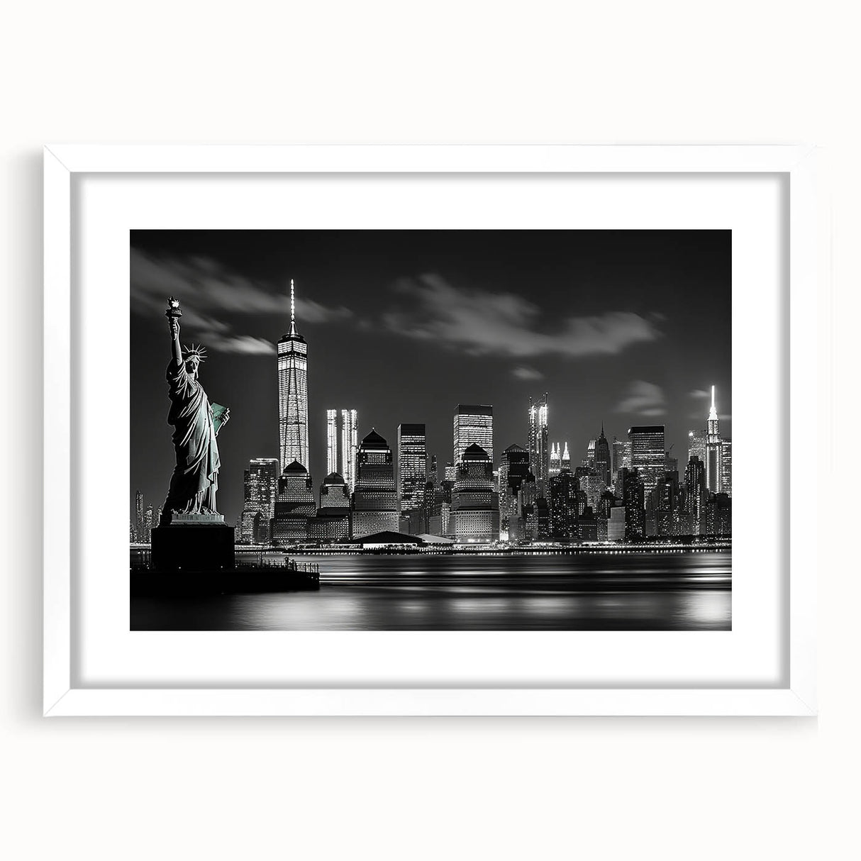 Abstract art print of New York City skyline in muted gray and blue tones, framed with a white mat.