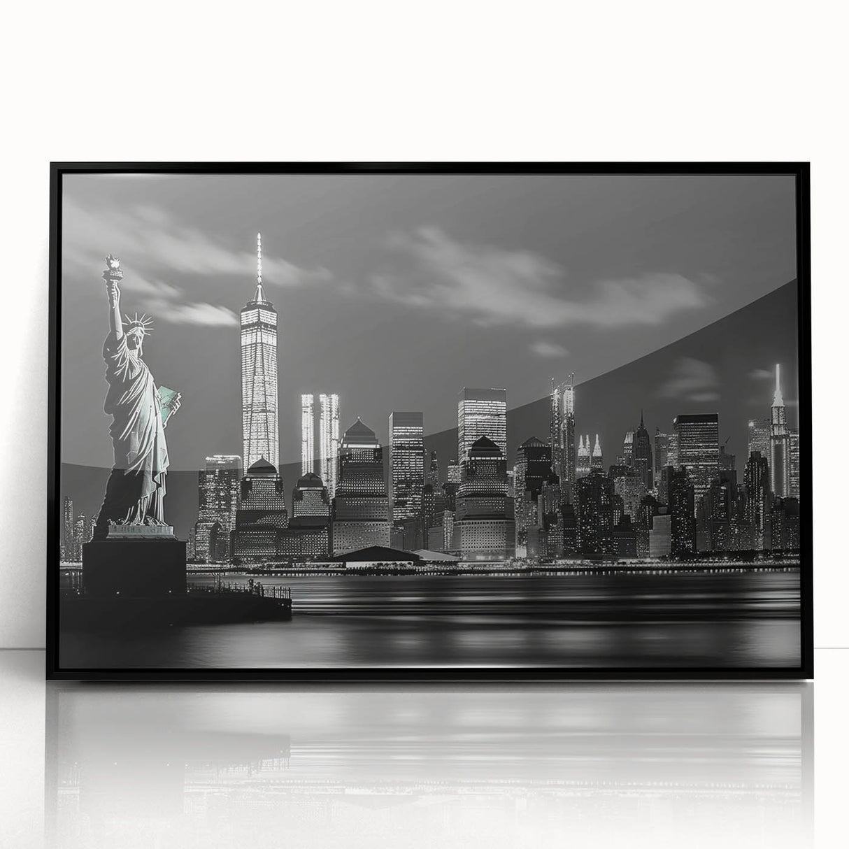 Large abstract wall art depicting New York City skyline in black and white on framed acrylic, suitable for modern home decor.