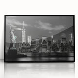 Large abstract wall art depicting New York City skyline in black and white on framed acrylic, suitable for modern home decor.