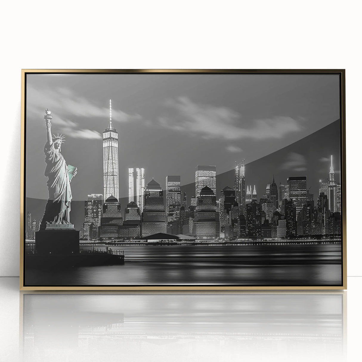 Large art print of New York City skyline in gold and black tones on framed acrylic, suitable for modern art wall decor.