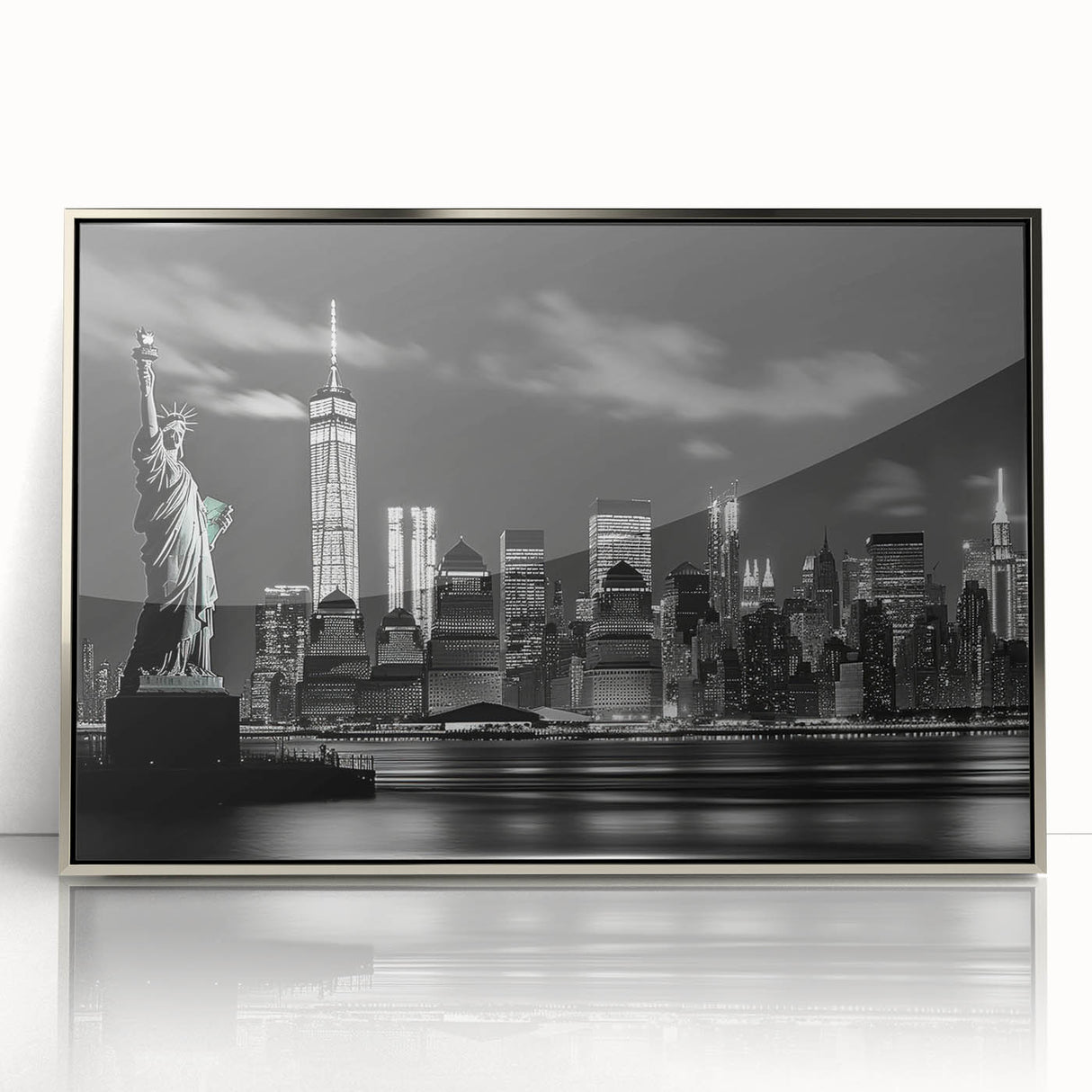 Mid-century modernist New York City skyline in muted silver tones on framed acrylic, suitable for modern art wall decor.
